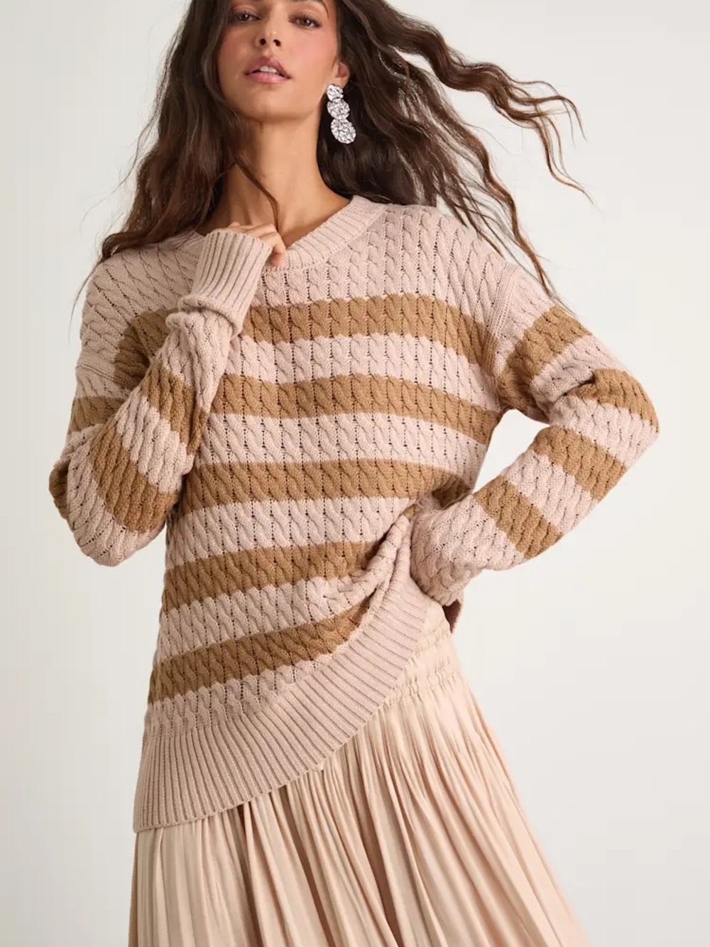 Navya Blush Striped Cable Knit Tunic Sweater